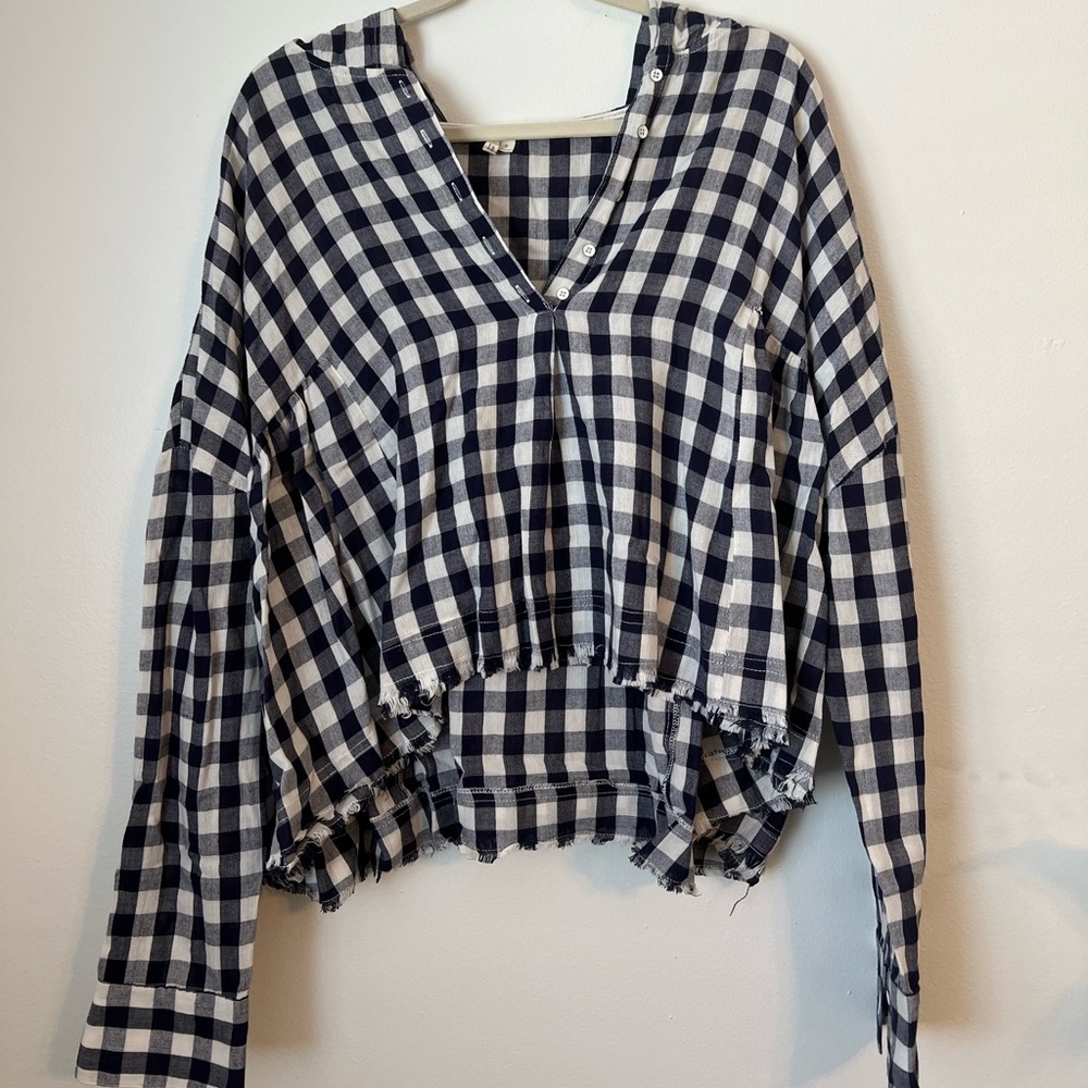 Grade & Gather blue/white checkered long sleeve hooded flannel blouse | size S
